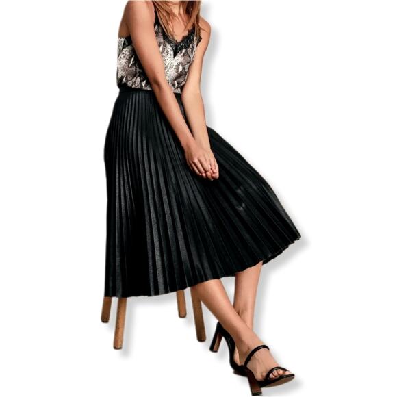 Vtg 80s Black Pleat Midi Skirt L Career Preppy Modern Retro Pinup Classic USA - Picture 1 of 12
